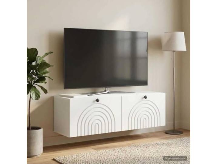 Wandmontierter TV-Schrank Weiß 98x31x30 cm Holzwerkstoff mit Doppeltüren Schwebend, platzsparend, pflegeleicht, schwarze Knopfgriffe, 90-Grad-Doppeltüren, vielseitig