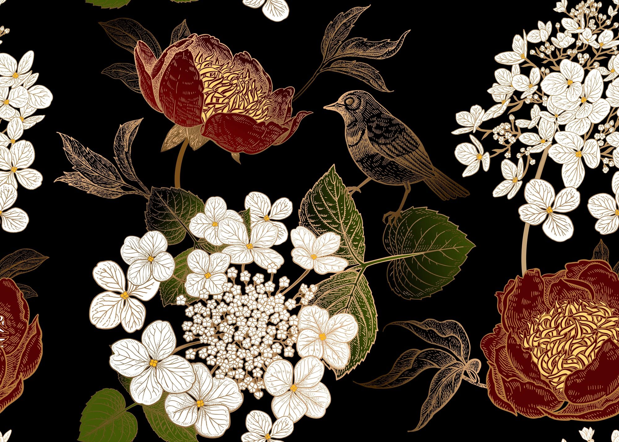 Papermoon "BLUMEN ABSTRAKT-MUSTER DESIGN VOGEL BLUMEN DECOR RETRO" bunt B/L: 3,5m x 2,6m, Bahnen: 7 Stk.
