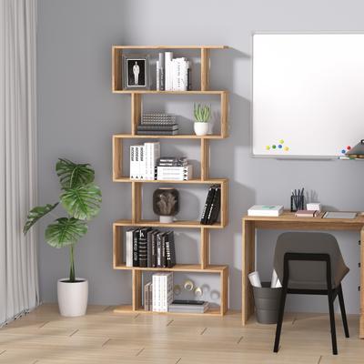 "HOMCOM 75.5"" H Bookcase 6 Shelf S-Shaped Bookshelf Wooden Storage Display Stand Shelf Organizer Free Standing Oak"