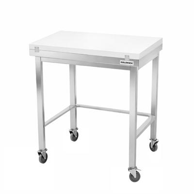 Edelstahl-Arbeitstisch 800x700 mm mit weißer Schneidplatte und Verstärkung auf Rollen PREMIUM - GOLDINOX