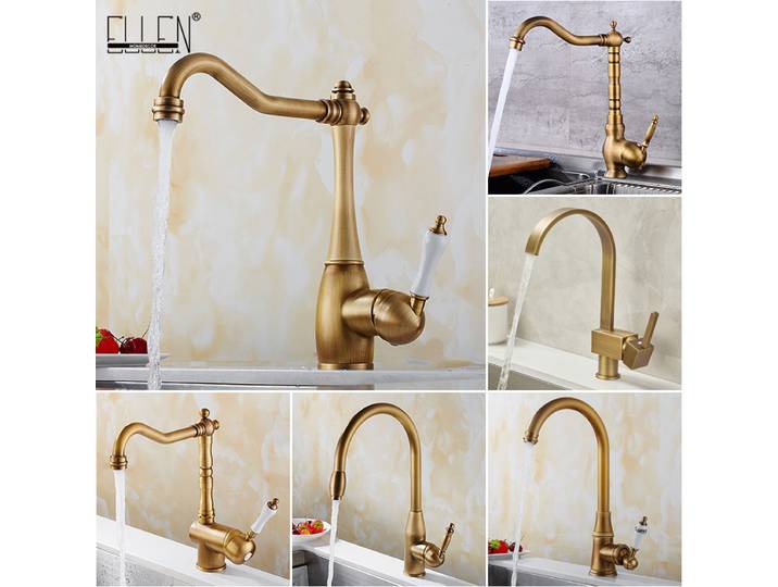 Robinet d'évier de cuisine en bronze antique ELK331, robinet d'eau chaude et froide à rotation de 360 degrés