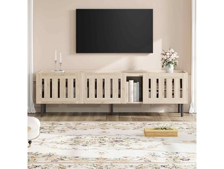 160cm TV-Schrank für 65-Zoll, Lowboard TV Board, TV-Konsole mit 3 Schränke, Fernsehtisch mit 5 Stützbeinen, Naturholz,H