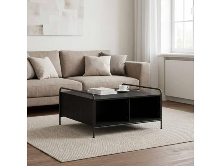 KUTYWEXFM Couchtisch Schwarz Eichen-Optik 80x80x41 cm Wohnzimmertisch Quadratischer Beistelltisch mit 4 Fächern für Bücher im Wohnzimmer, stabiler Stahlrahmen und pflegeleichte Platte.
