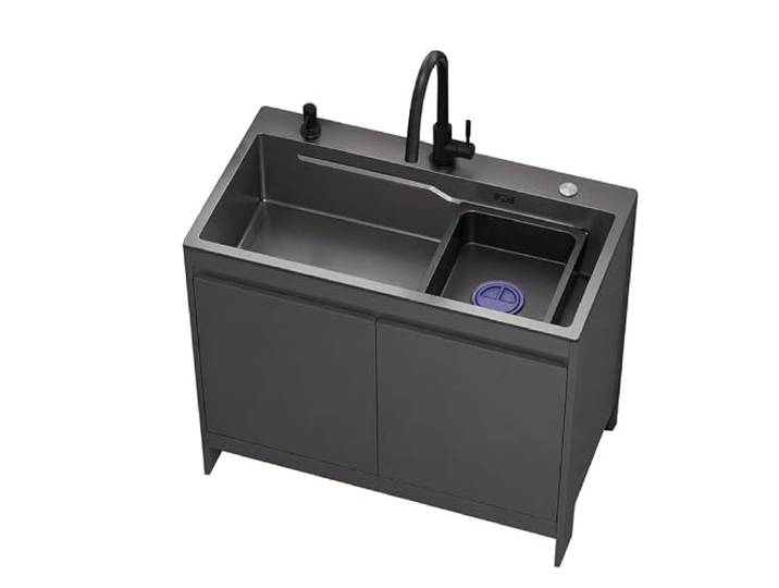 Freistehende Edelstahlspüle, Hauswirtschaftsspüle mit Aluminium-Unterschrank, Warm-Kalt-Doppelhahn und geruchsdichtes Design für Küche und Waschküche