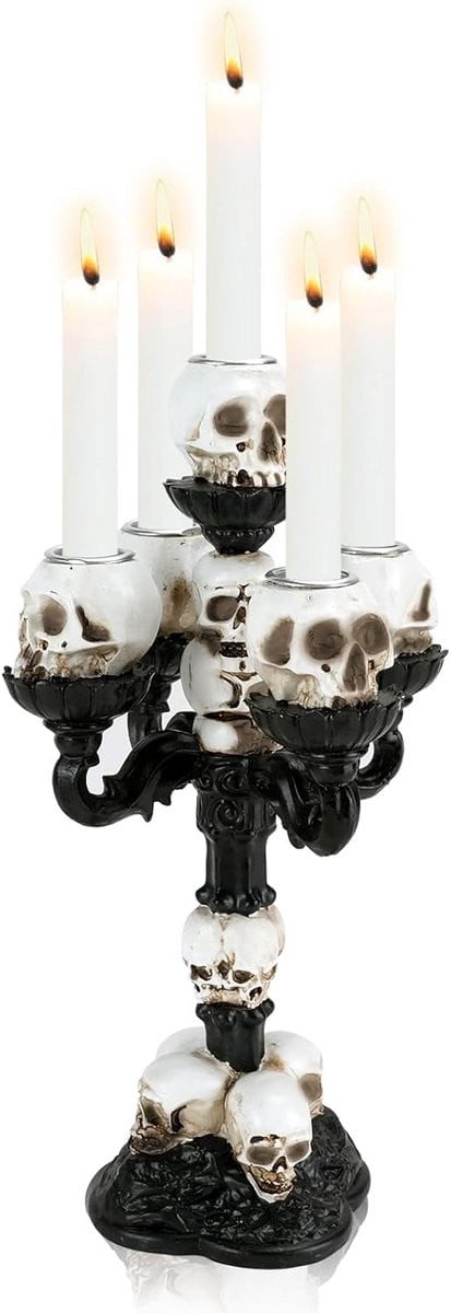 Zwarte kandelaar met doodshoofd voor Halloween en Gothic interieur decoratie