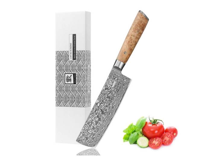 ZAYIKO Asiamesser Kinone Damast Nakiri Küchenmesser 17,5cm Klinge Wurzelholzgriff, schwarzer Damaststahl, VG10-Kern
