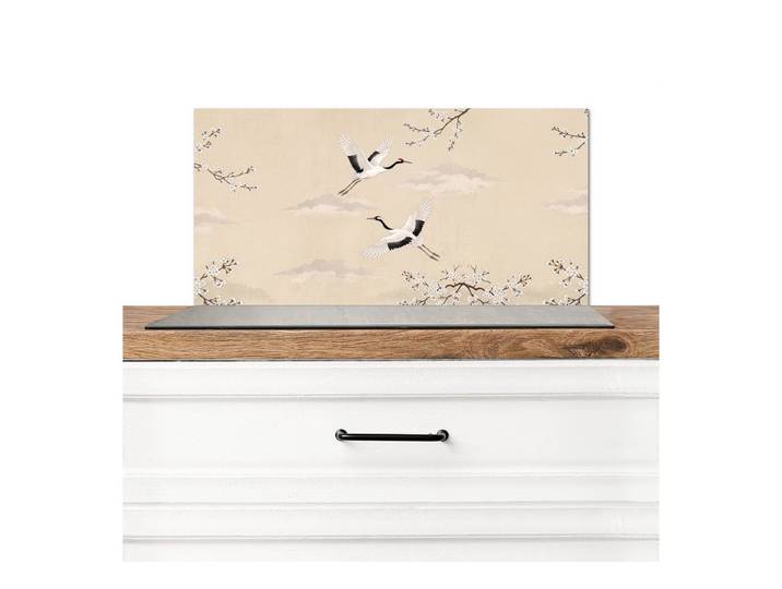 KitchenYeah Küchenrückwand Kranich - Blüte - Beige, (1-tlg), Küchenrückwand Platte, Spritzschutz, 120x60 cm