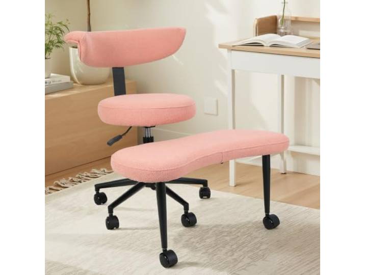 Xisulay Bein-Stuhl für Büro, ergonomischer Kniesitzstuhl Samtstuhl mit höhenverstellbarer Fußstütze und 360°-Drehfunktion für Yoga oder Büro, bietet Lendenwirbelstütze Rosa