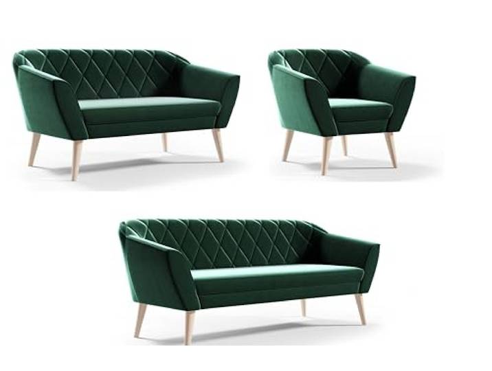 Sofello Couchgarnitur Gloria Wohnzimmerset 3+2+1 Sitzer Samt Hohe Holzfüße Buche (Riviera 38 - grün)