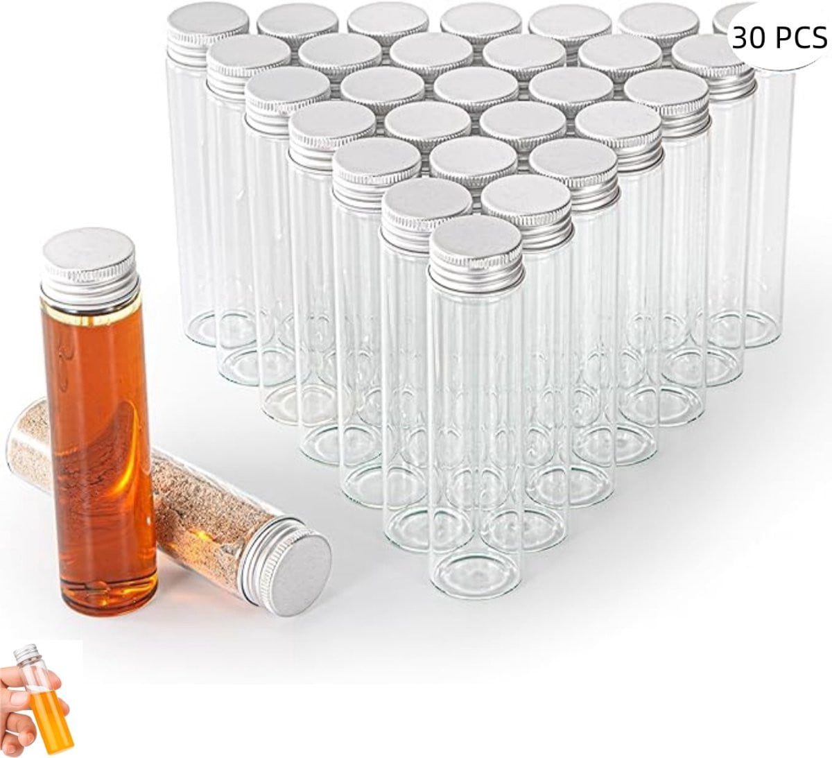 30 stuks Plastic reageerbuisjes met zilveren doppen, 50ml, Transparant
