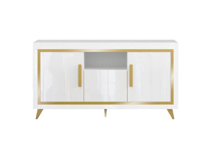 JEMMA - Buffet 3 Portes Laqué Blanc et Décor Doré avec Leds