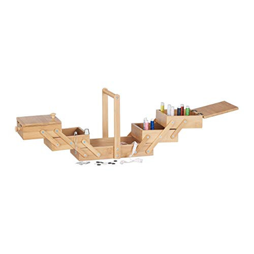 Relaxdays Naaidoos van bamboe met 5 vakken en deksel, natuur/beige