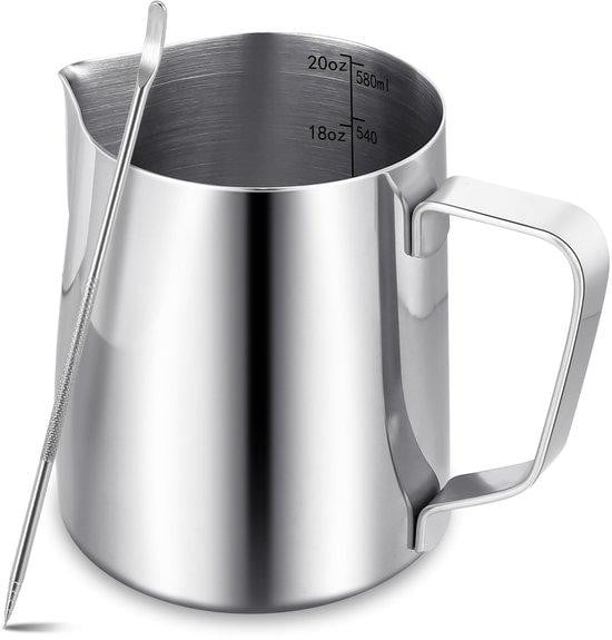 Famanu Melkopschuimer voor koffie - 600 ml roestvrijstalen melkopschuimer voor cappuccino, latte en espresso