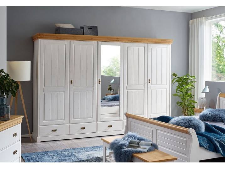 Kleiderschrank 315cm 5-trg. 'Mailand-Honig' Kiefer weiß 1 Spiegel