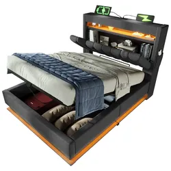 Polsterbett 90x200 mit LED-Beleuchtung und Stauraum – modernes Design mit USB & Typ-C Ladeanschlüssen Grau
