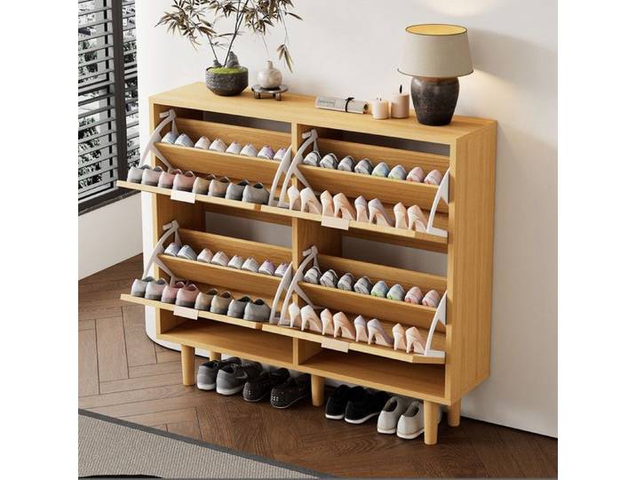 Armoire à chaussures avec 4 tiroirs pliants - commode à chaussures en rotin avec poignées en métal - étagère à chaussures