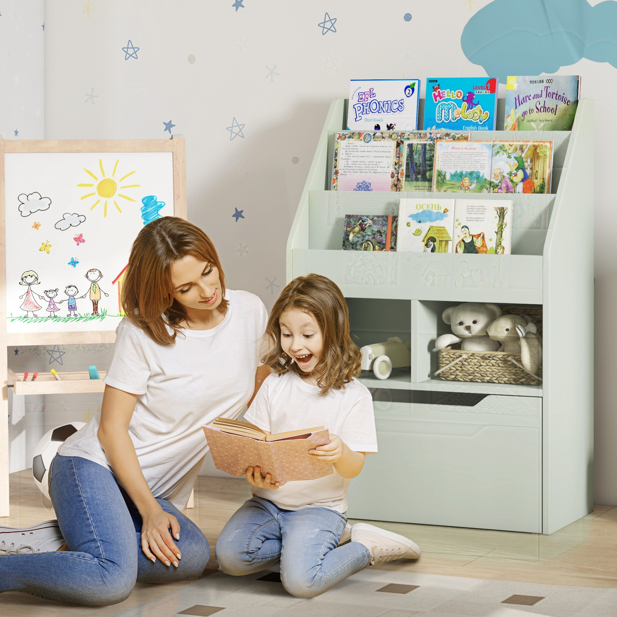 Homcom Libreria per bambini con cassetto, libreria con ripiani, 60 x 29,9 x 90 cm, Verde   Aosom Italy