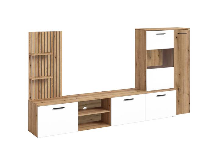 Carryhome Wohnwand, Weiß, Eichefarben, Glas, 4-teilig, 9 Fächer, 250x135x38 cm, Wohnzimmer, Wohnwände, Komplette Wohnwände