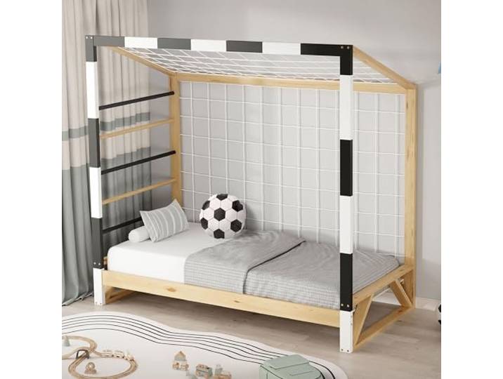 ML-Design Kinderbett Fußballtor 80x160 cm, Holzbett mit Lattenrost und Tornetz, Jugendbett aus massivem Kiefernholz, Einzelbett für Kinder, Bettgestell Holzrahmen, Bett, Handballtor, Fußballbett-Tor