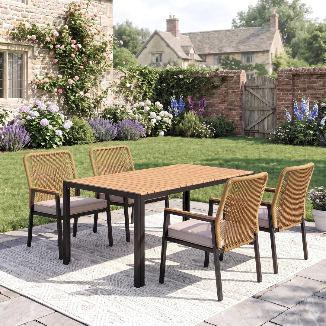 Highland Dunes Dining Set Black+teak Table/Beige