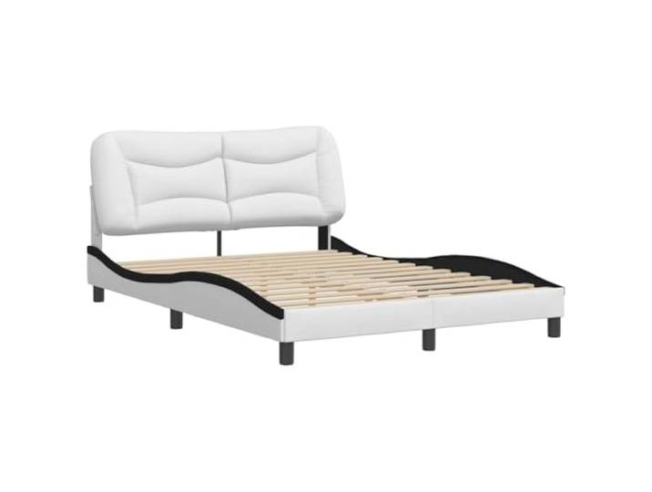 KTHLBRH Bettgestell Hvar Weiß und Schwarz 140 x 190 cm Kunstleder Mit gepolstertem Kopfteil, Lattenrost aus Sperrholz, elegantes Wellendesign, ohne Matratze