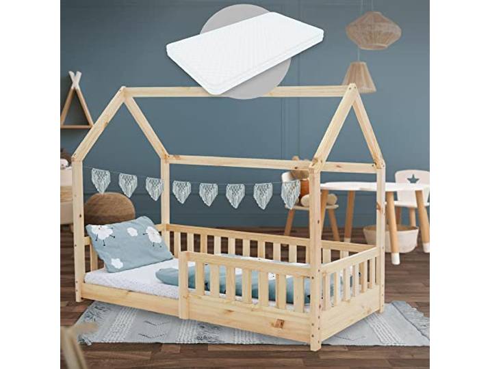 ML-Design Kinderbett 80x160 cm Natur mit Matratze, Rausfallschutz, Dach und Lattenrost, Spielbett, Hausbett für Mädchen und Jungen, Bettenhaus aus Kiefernholz, Bodenbett Jugendbett Kinderhaus Holzbett