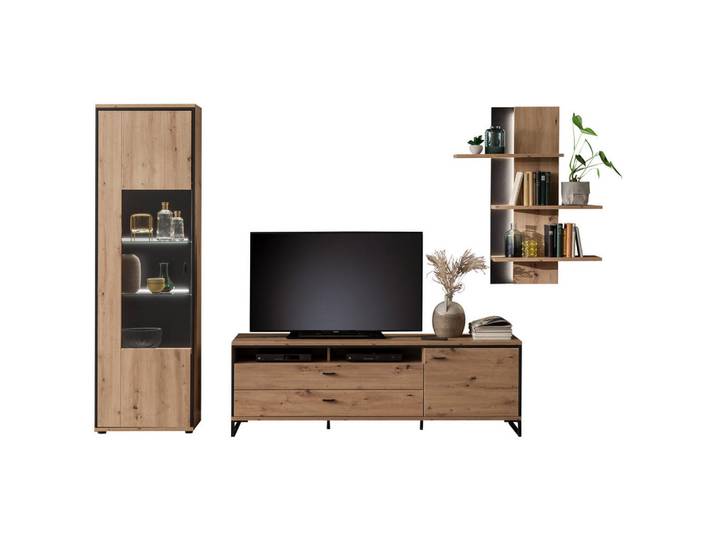 Livetastic Wohnwand Skopje, Anthrazit, Eichefarben, Metall, Kunststoff, 3 Fächer, 2 Schublade(n) Schubladen, 307x210x50 cm, Made in EU, Wohnzimmer, Wohnwände, Komplette Wohnwände
