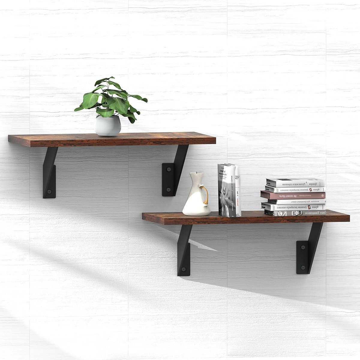 Set van 2 Zwevende Wandplanken Rustiek Bruin - Wandmontage Wandrek