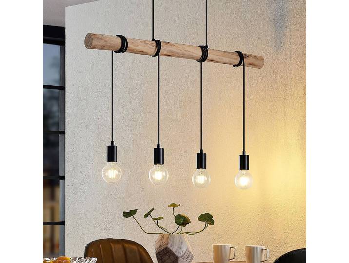Holz Hängelampe Ferris Lindby, dimmbar, Holz hell, für Wohn- / Esszimmer, Metall, Vintage, Pendelleuchte