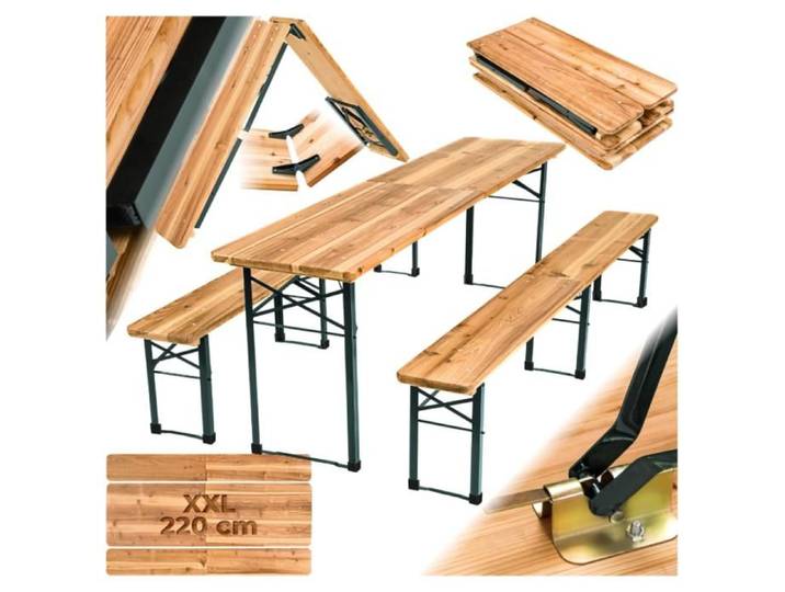 Ensemble table et banc de jardin pliable - Salon de brasserie - Pliable peu encombrant - Sapin verni - Support parasol