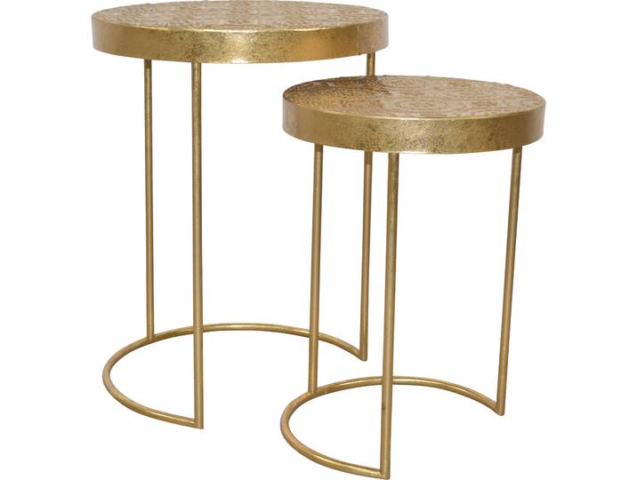 Beistelltisch INOSIGN, gold (goldfarben, goldfarben, goldfarben, 66), B:50cm H:66cm T:50cm, Extravagant, vielseitig einsetzbar und pflegeleicht: Mit diesen Attributen punktet der Beistelltisch im 2-er Set. In dem Möbel-Set sind zwei runde Tische enthalten, die unterschiedlich hoch sind. Aufgrund der Bauart des Gestells kann der kleinere unter den grossen Tisch geschoben und so platzsparend verräumt werden. Die Optik der Kleinmöbel ist durch die extravagante Gestaltung in goldfarbenem Metall geprägt. Die Tischplatten sind mit einem romantischen Muster verziert. Du kannst die Tische als Beistelltische neben einem Sofa oder Sessel verwenden, um hier Getränke abzustellen. In einem kleinen Wohnzimmer lässt sich das Möbel-Set auch als Wohnzimmertisch verwenden. Dieser Beistelltisch im 2-er Set ist vielseitig kombinierbar., Tische, Beistelltisch