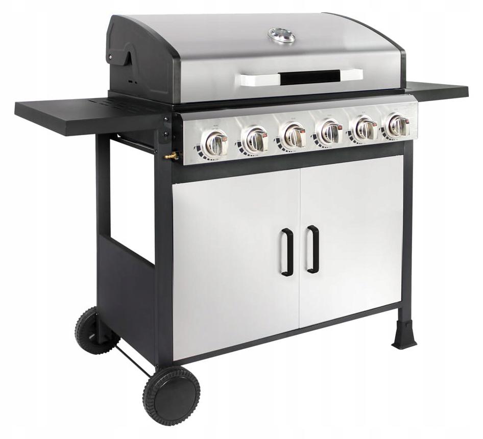 Gasgrillwagen 6 Brenner 18 kW, Gusseisenrost, Deckelthermometer, 134 cm