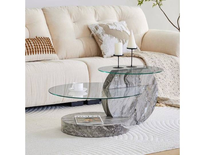 Table Basse Ronde 90x70x44cm 2 Niveaux Verre Sécurité Structure MDF Gris Style Moderne Minimaliste Plusieurs Coloris