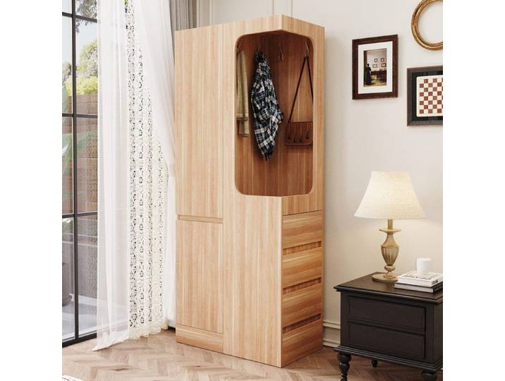 Armoire - DREAMMESPACE - 70x40x170 cm - 1 porte - 4 tiroirs - Bois contemporain