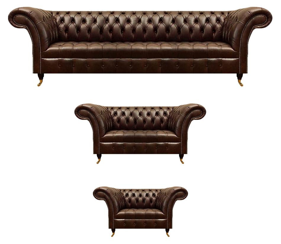 Chesterfield lederen bankset 3-delig in het bruin met design fauteuils en driezitter
