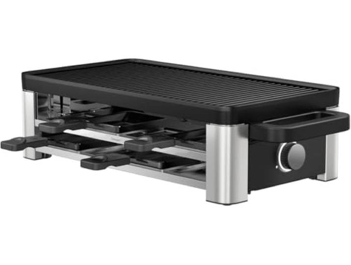 WMF Lono Selection Raclette Grill 8 Personen – Hochwertiger Cromargan Edelstahl, 1500W Leistung, keramikbeschichtete Grillplatte, 8 Pfännchen und Spatel, Temperaturregelung und Ablage