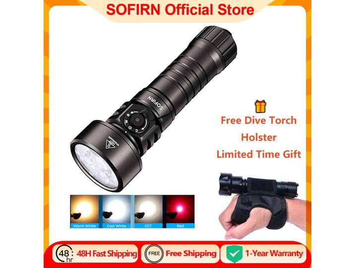 Lampe de plongée SOFIRN SD11 5000lm, lumière LED rouge 224m, 7500mah, rechargeable par USB C, réglage avec torche chaude