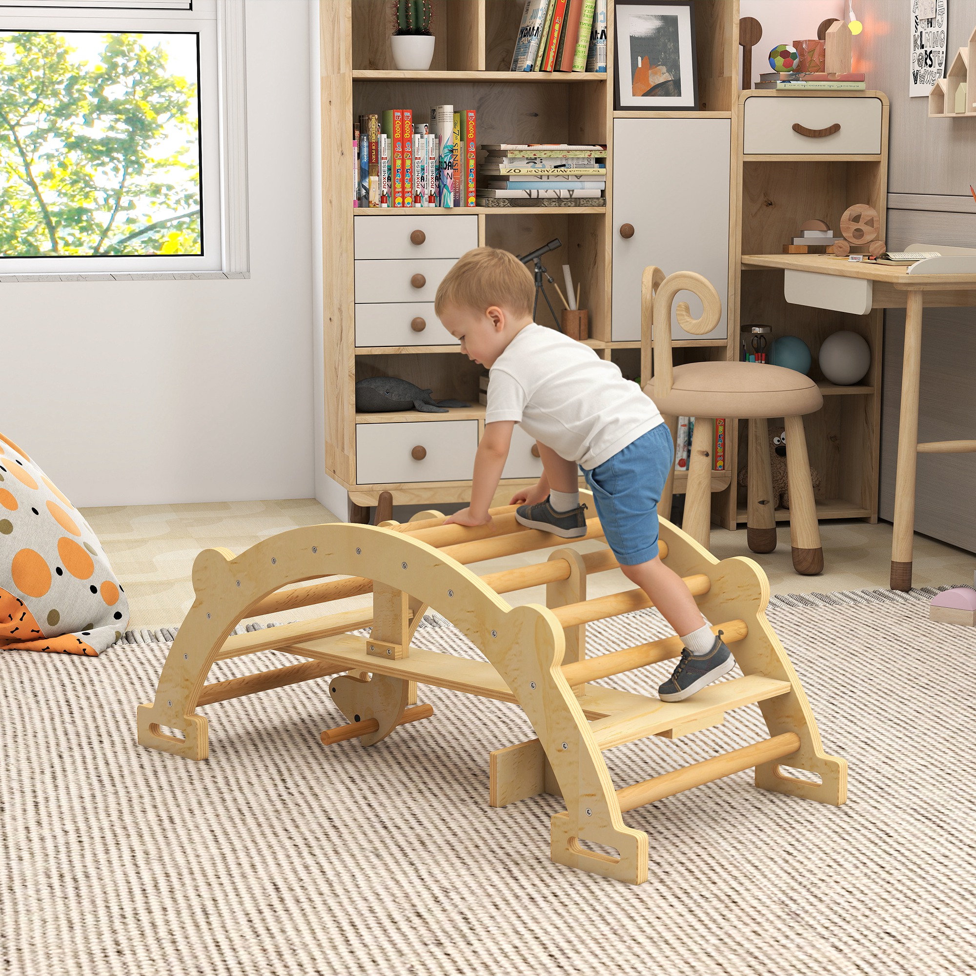Aiyaplay Arco Montessori in Legno per Bambini 2-4 Anni Convertibile in Dondolo 110x52x45 cm, color Legno   Aosom Italy