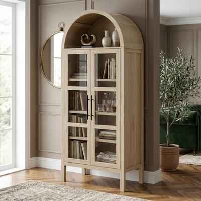 247 Shop At Home Lenn Rustic Wood Frame Tempered Glass Arched Bookcase with Adjustable Shelves