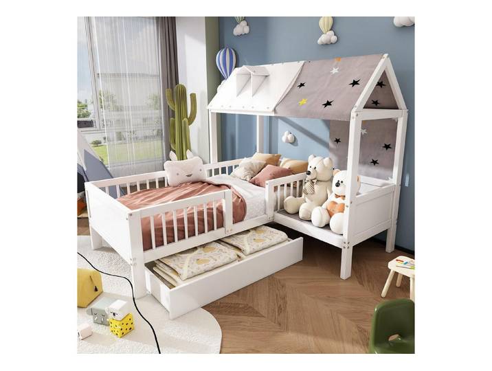 LuxusKollektion Hausbett Bodenbett Haus 90x200 Weiss mit Schubladen