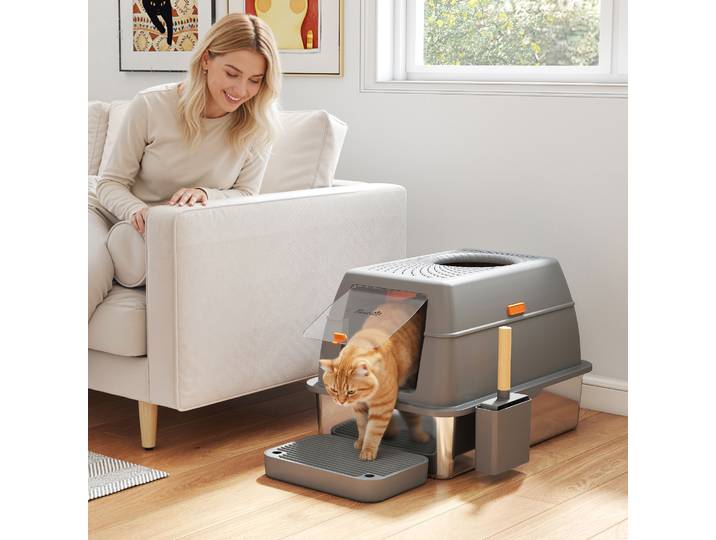 PawHut Maison de Toilette Chat Acier 60x40x38cm Gris Foncé