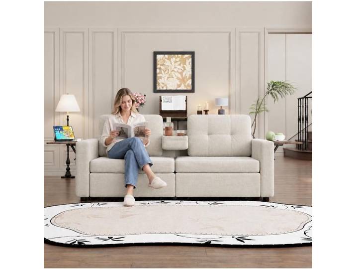 ROVRYN Canapé droit 2 places beige en chenille avec 2 tiroirs tablette réglable et porte-gobelets