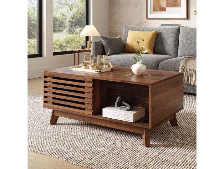 Bladeze - Table basse relevable Table de salon multifonction hauteur ajustable porte jalousie coulissante- Noyer