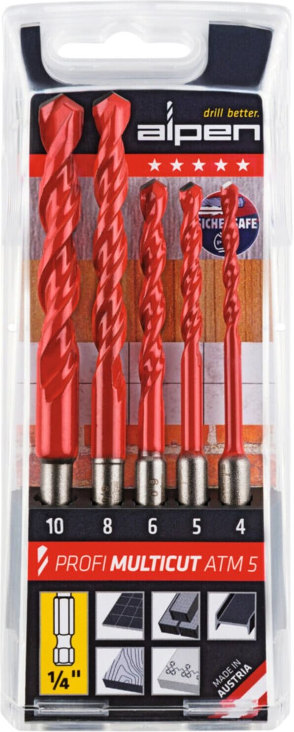 Alpen Hartmetall-Mehrzweck-Bitbohrer-Satz, 1/4 Zoll (E 6,3), Bohrer-⌀: 4-10 mm ; Alpen-Maykestag (100805100)