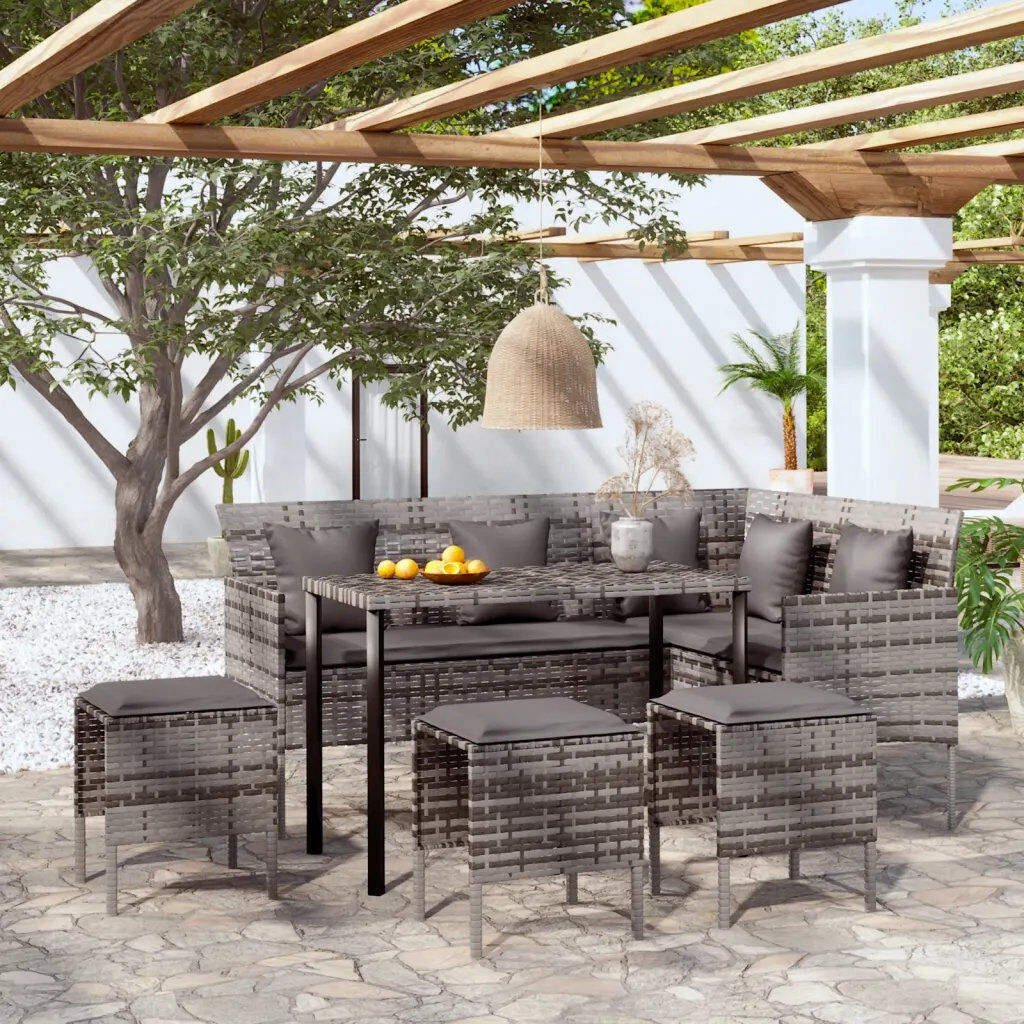 Ebern Designs L-shaped Couch Sofa Set 5 Piece with Cushions Poly Rattan Grey/Grey/Grey 8
