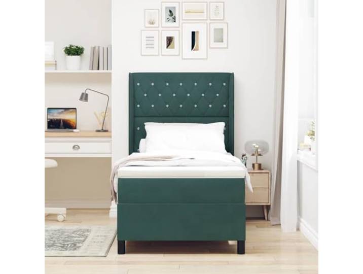 KTHLBRH Boxspringbett mit Matratze dunkelgrün 100 x 200 cm Samt Verstellbares Kopfteil, Struktur aus Holz, selbsttragend, mit Lattenrost