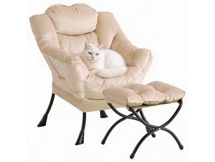 IDEALHOUSE Bequemer Lounge-Sessel mit Hocker – Verstellbare Rückenlehne Seitliche Ablage, Weiches Nackenkissen – Moderner Lesesessel – Dutch Velvet HLR-4