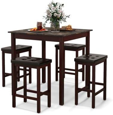 Costway 5-Piece Bar Table Set Counter-Height Dining Table and 4 Bar Stools-Brown