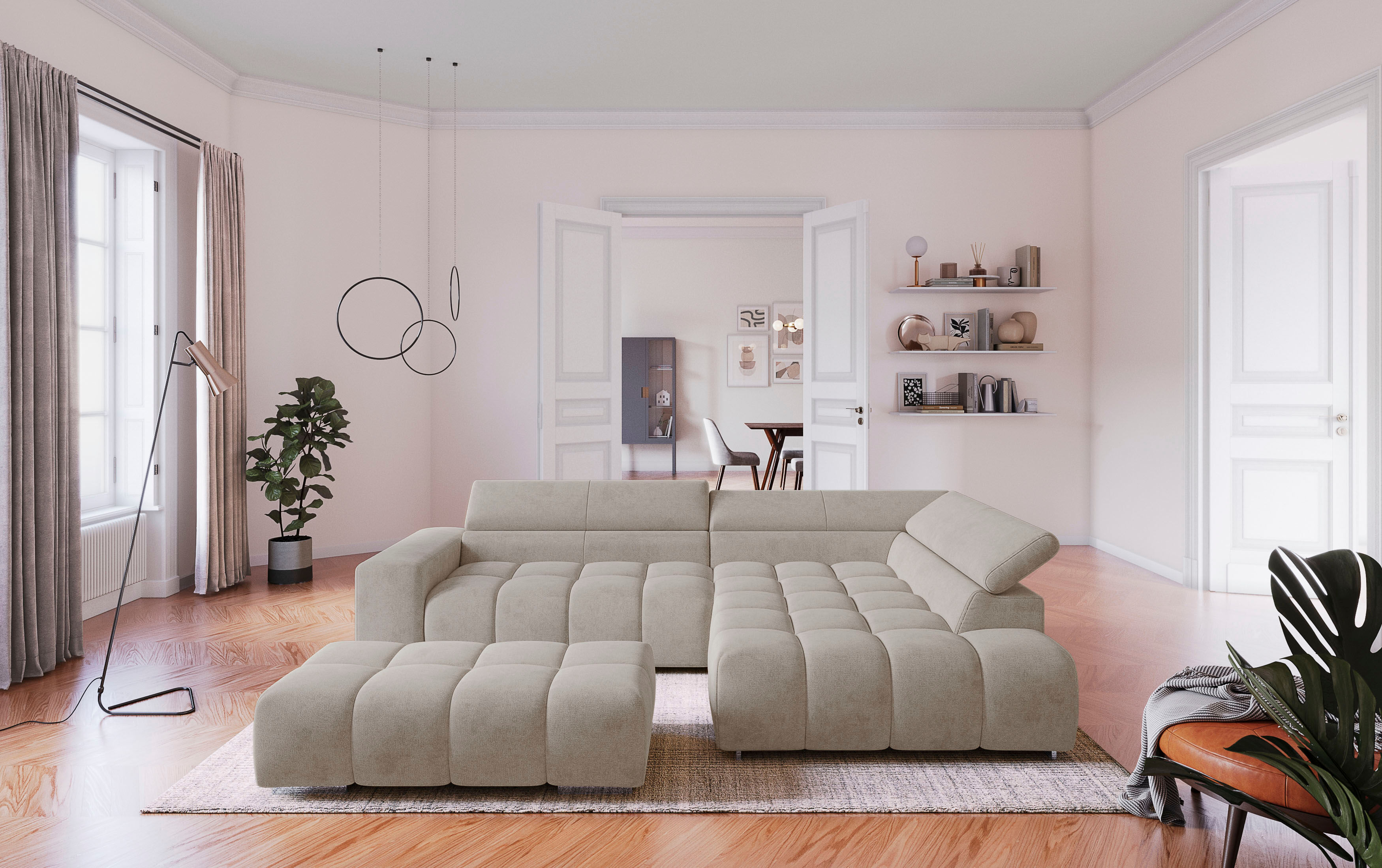 Ecksofa COTTA "Orion L-Form, B: 310 cm, moderne Steppung, bequeme Wellenunterfederung", beige (platinum), B:310cm H:70cm T:225cm, 100% Polyester, Sofas, Ecksofa, Kopfteilverstellung & 5 Nierenkissen platinum B/H/T: 310cm x 70cm x 225cm, Struktur fein, Ott