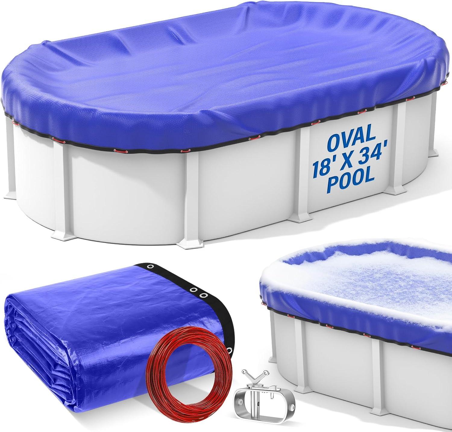 Ovale Winter-Poolabdeckung für oberirdische Pools mit Seilwinde und Stahlkernkabel, strapazierfähig und UV-beständig, einfache Montage und Lagerung, 45,7 x 96,4 cm